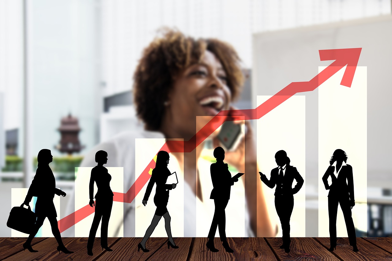 Silhouettes of professional women ascending a rising career chart with a smiling woman in the background, symbolizing success and challenging the harmful lie that women chose career over kids.