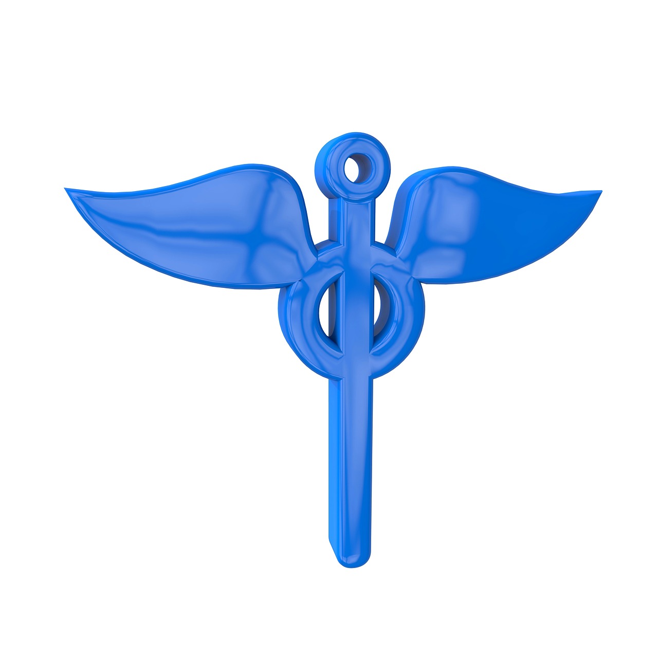 3D rendering of a glossy blue caduceus symbol, often associated with healthcare and medical treatment. This modern, minimalist design represents the physical side effects of IVF, hormone injections, and infertility trauma. A visual metaphor for the lasting impact of IVF on the body, including weight gain, migraines, and hormonal imbalance.