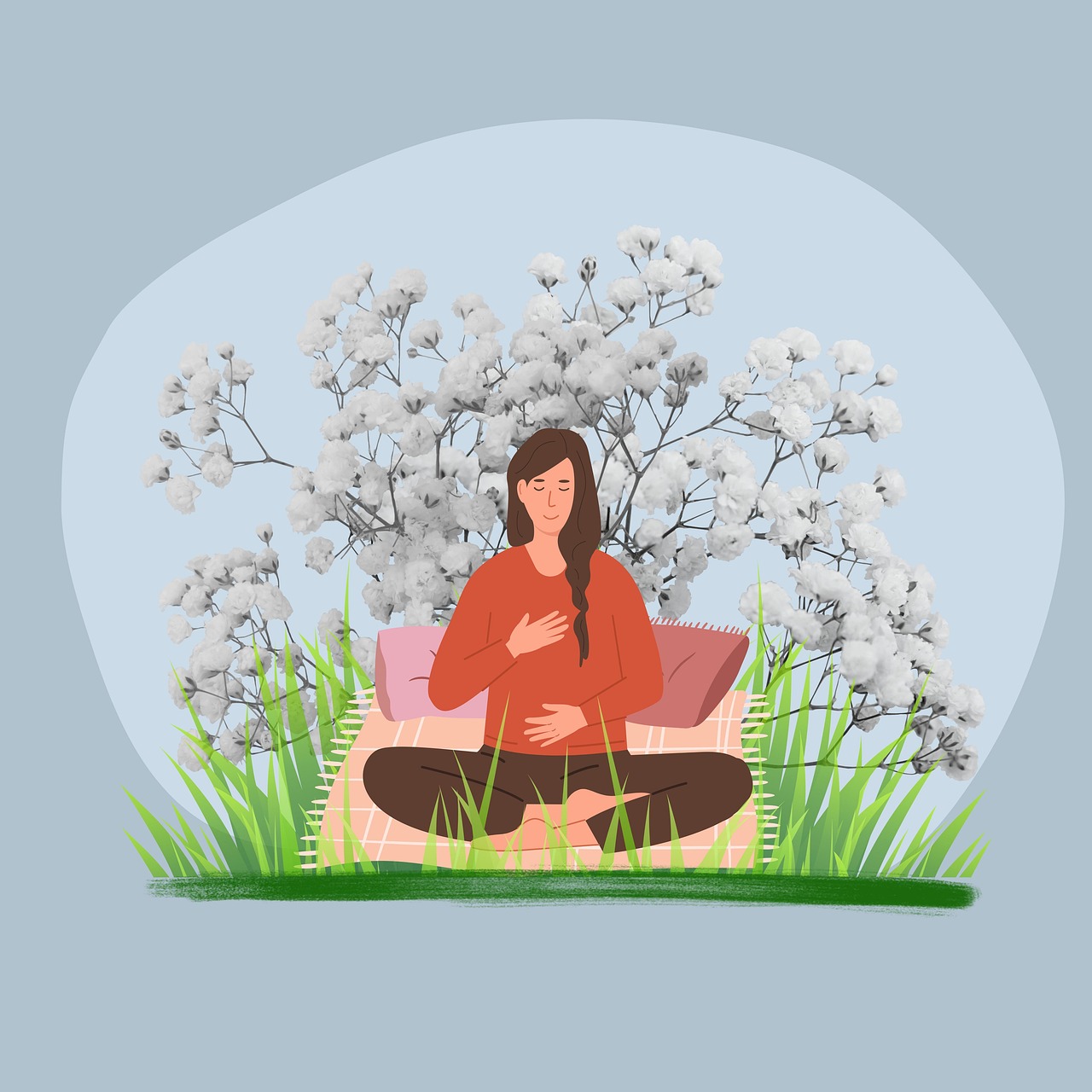 Woman practicing breathwork outdoors, hand on chest and belly, surrounded by flowers and grass; breathwork for grief, vagus nerve regulation, emotional healing.